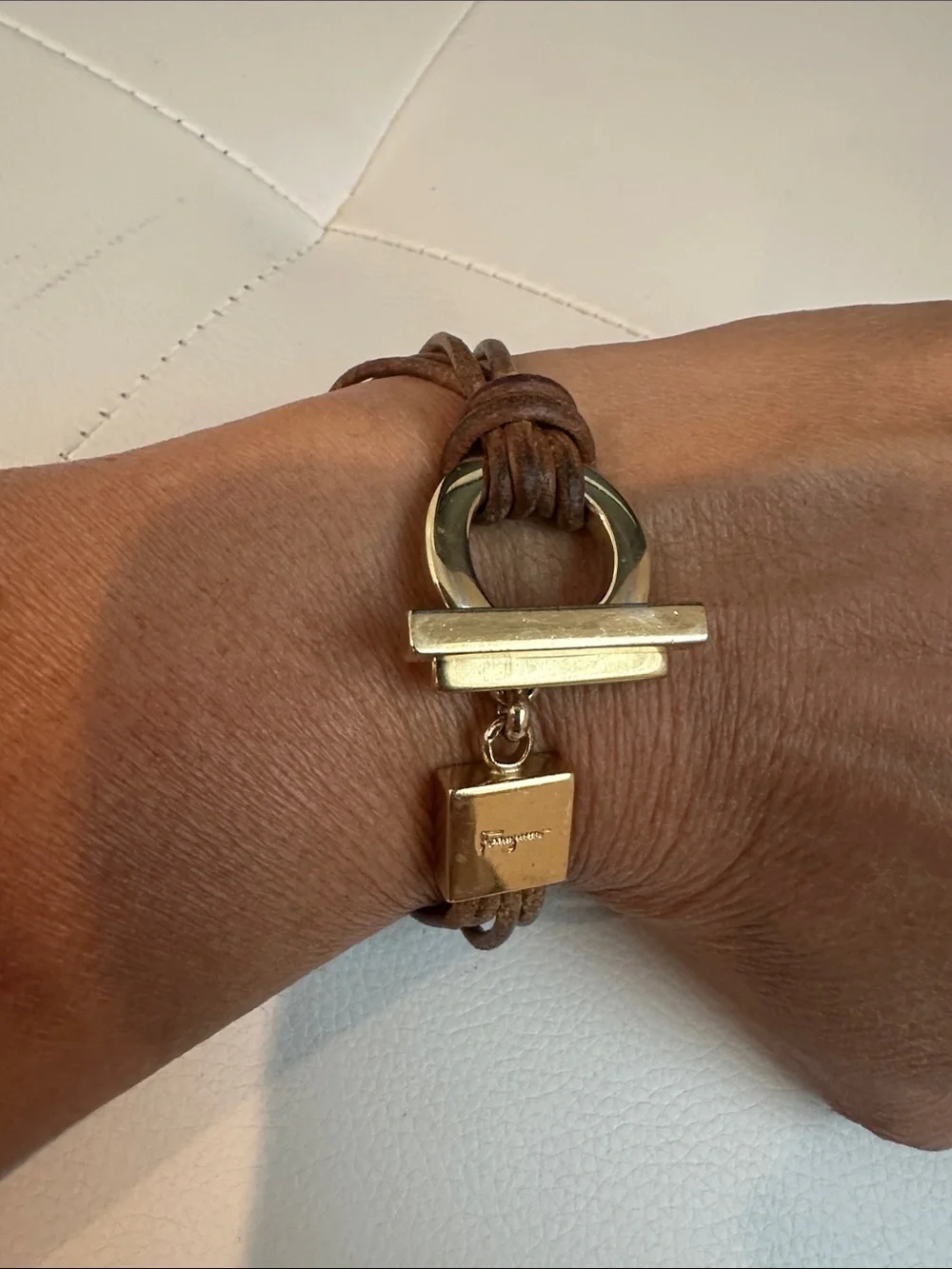 Salvatore Ferragamo Brown Leather Multi-Strand Bracelet with Gold Hardware